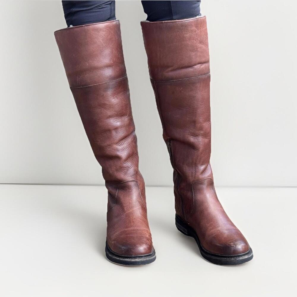 FRYE Veronica shearing Sheepskin Tall Over The Knee Riding Boots Flat Brown 7.5